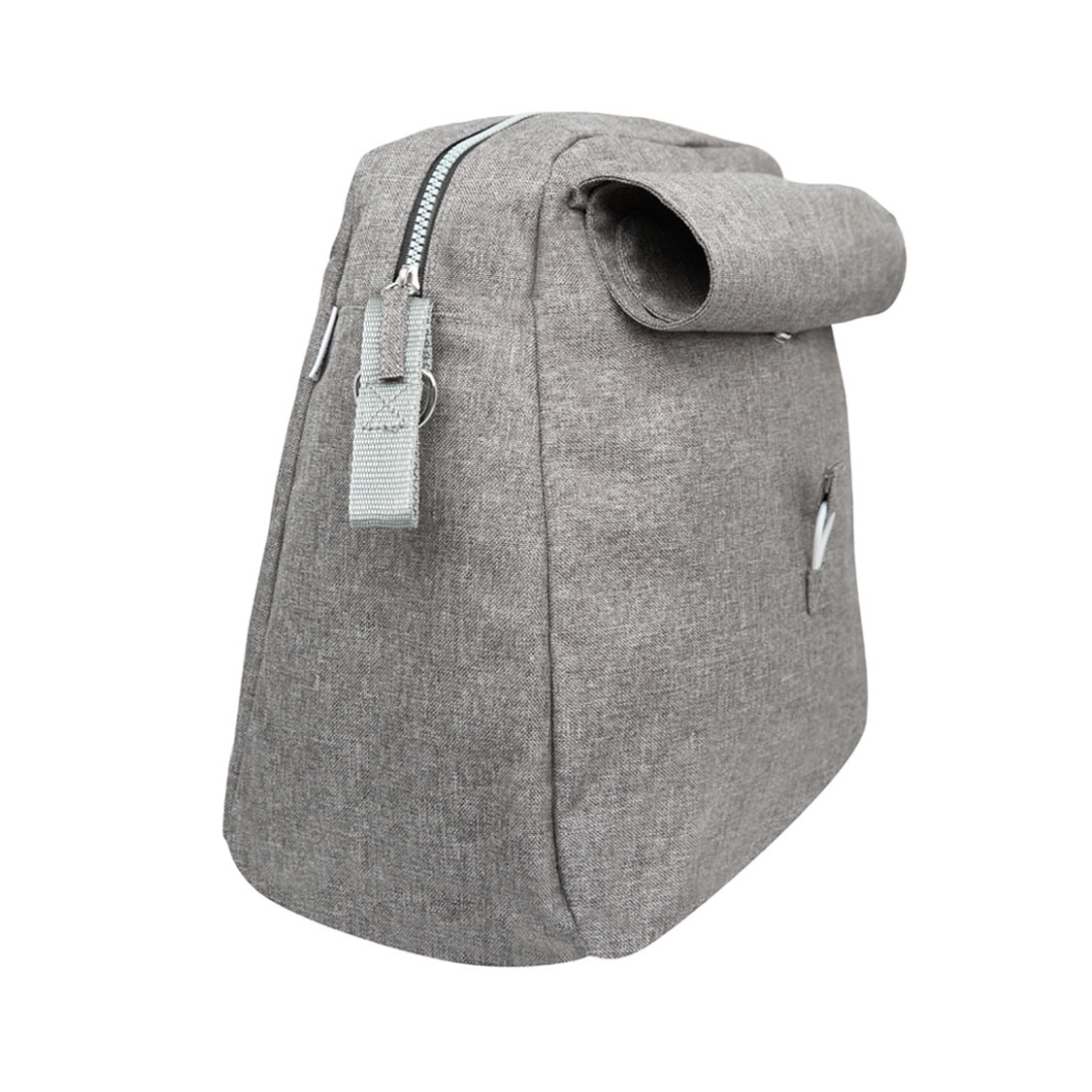 The Weekend Bag for ByAcre Carbon Fiber Rollators is a gray fabric bag with a top zipper, side loop handle, and rolled top edge, designed for convenience and style—displayed against a white background.