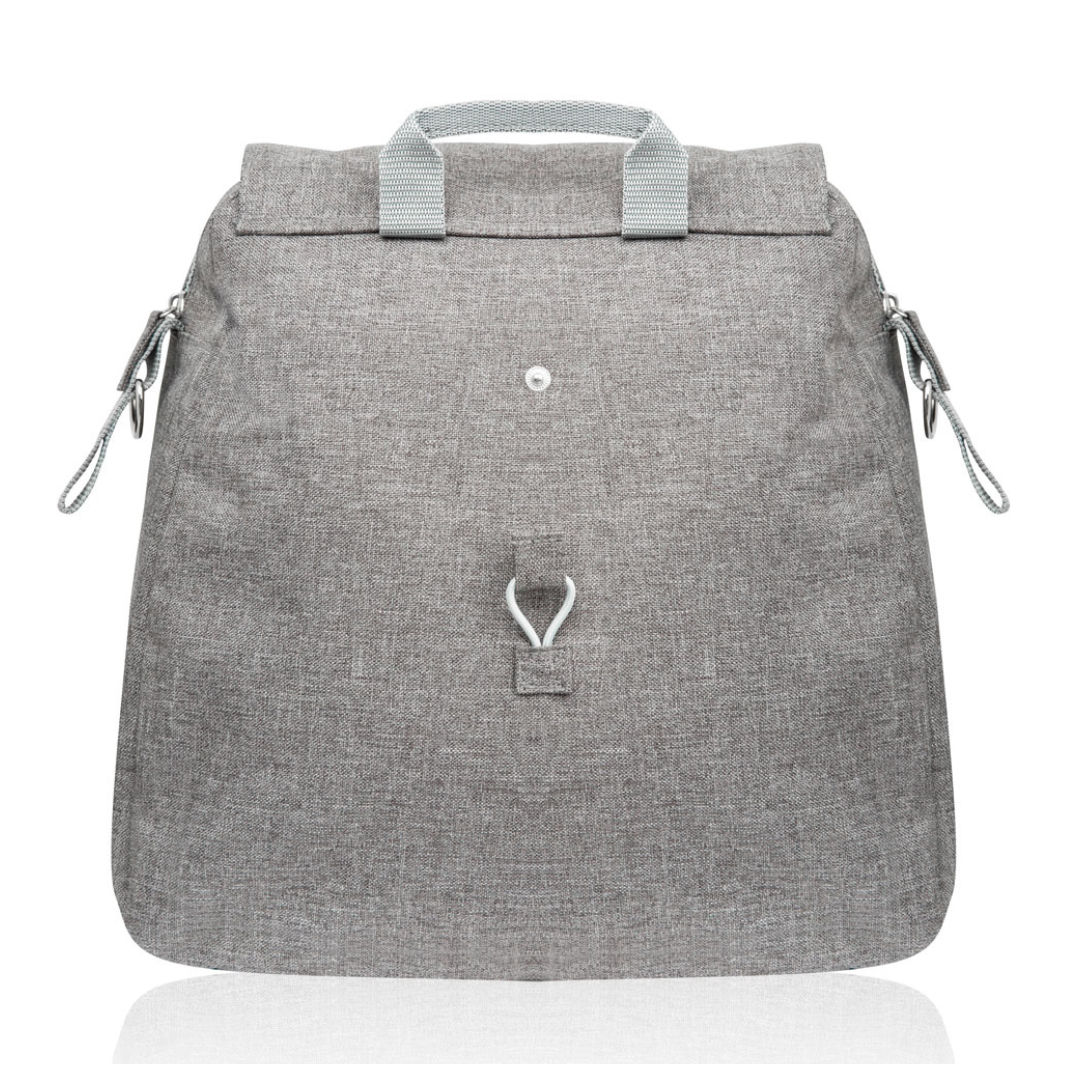 The Weekend Bag for ByAcre Carbon Fiber Rollators is a light gray fabric tote with a top handle, table design side loops and straps, plus a front flap with a strap and button detail, shown on a white background.