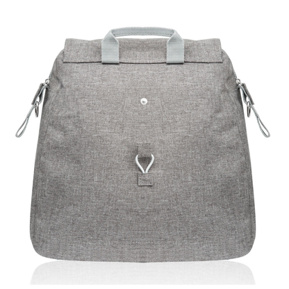 The Weekend Bag for ByAcre Carbon Fiber Rollators is a light gray fabric tote with a top handle, table design side loops and straps, plus a front flap with a strap and button detail, shown on a white background.