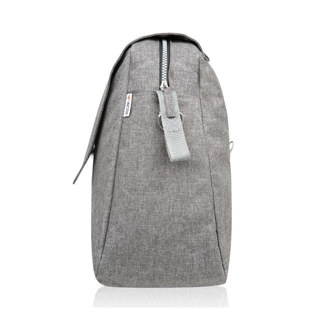 Side view of the light gray Weekend Bag for ByAcre Carbon Fiber Rollators, featuring a top zipper, small fabric loop, and a white tag with a red logo—ideal for carrying product specifications or spec-table essentials.