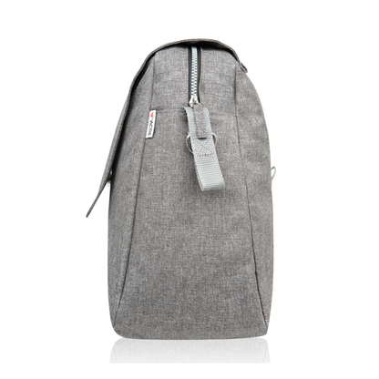 Side view of the light gray Weekend Bag for ByAcre Carbon Fiber Rollators, featuring a top zipper, small fabric loop, and a white tag with a red logo—ideal for carrying product specifications or spec-table essentials.