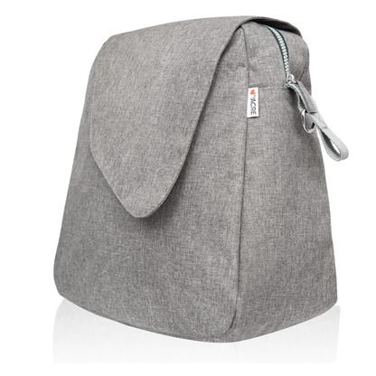 The Weekend Bag for ByAcre Carbon Fiber Rollators is a grey fabric bag with a textured surface, front flap closure, light blue side zipper, and a small fabric loop with tag. It stands upright on a white background.