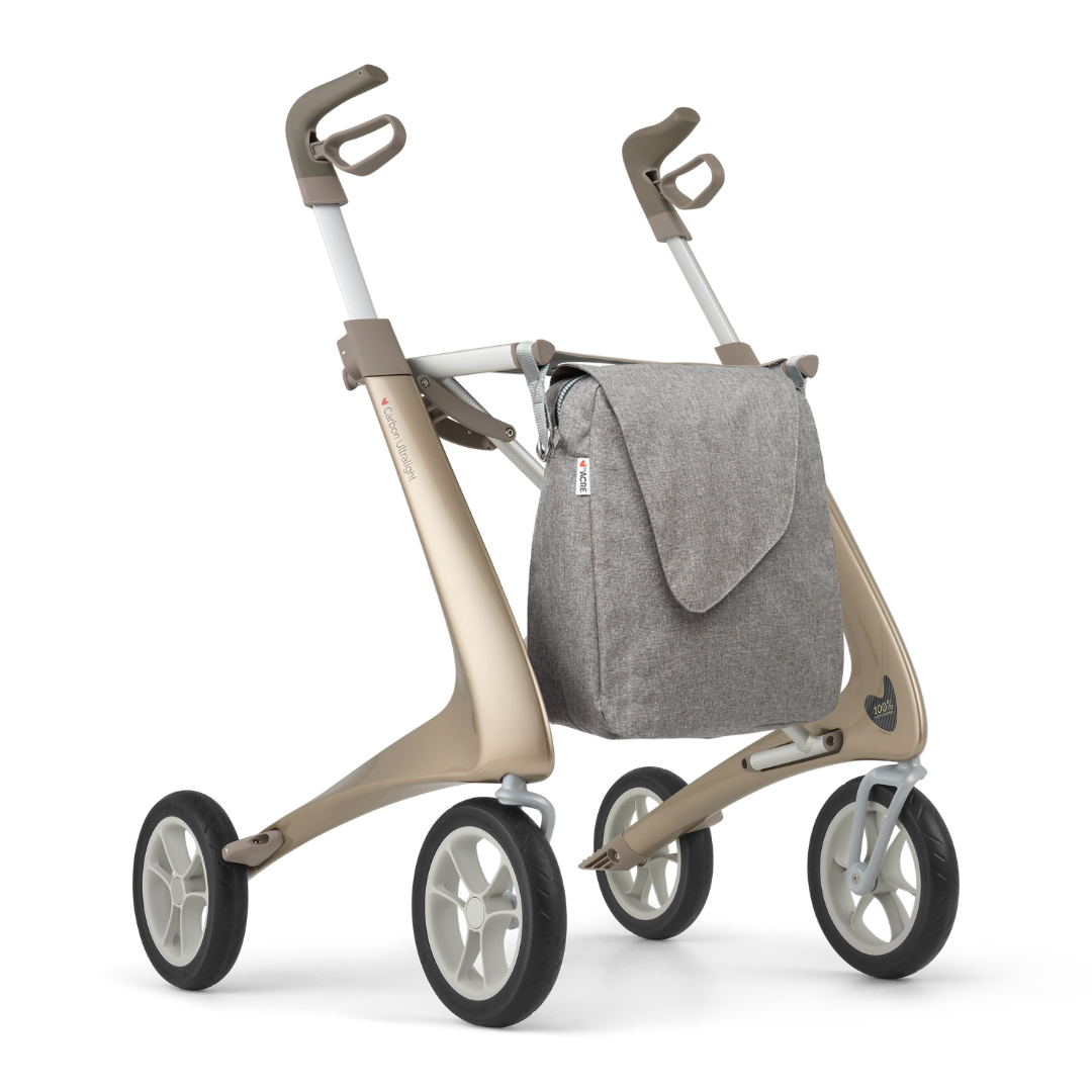 A stylish gray weekend bag designed for ByAcre carbon fiber rollators, providing practical, spacious storage while complementing the modern look of your mobility aid.