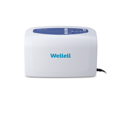 The Wellell Domus Auto G2 Bariatric Alternating Pressure and Low Air Loss System is a white electronic device with a blue control panel and Wellell branding, plugged in via black power cord, for mattress therapy and pressure ulcer prevention.