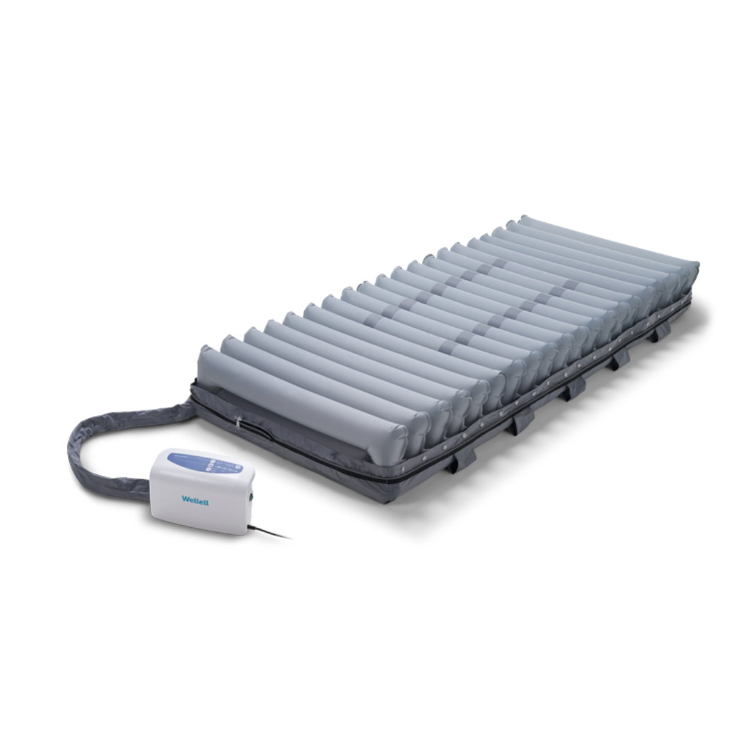 The Wellell Domus Auto G2 Bariatric Alternating Pressure and Low Air Loss System, featuring cylindrical air cells and an electronic pump, is displayed on a white background—ideal for effective pressure ulcer prevention.