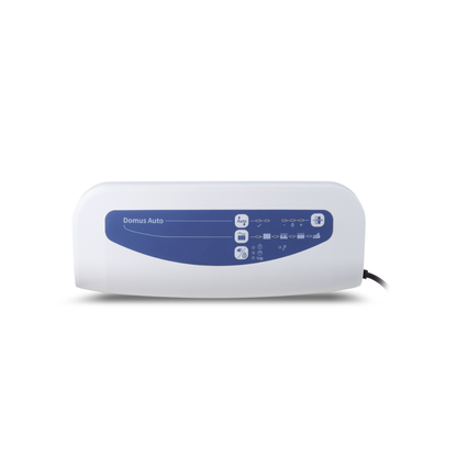 The Wellell Domus Auto G2 Bariatric Alternating Pressure and Low Air Loss System is a white rectangular medical device with a blue control panel, various buttons and icons, and a power cord on the right side, shown against a plain white background.
