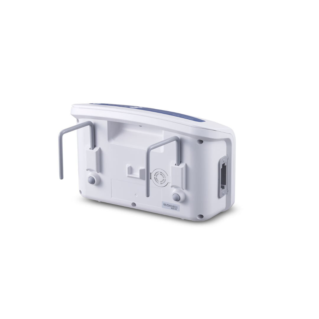 The Wellell Domus Auto G2 Bariatric Alternating Pressure and Low Air Loss System is shown from the back: a white device with a top screen, two metal stands extending outward, and a rectangular port on the right side for pressure ulcer prevention therapy.