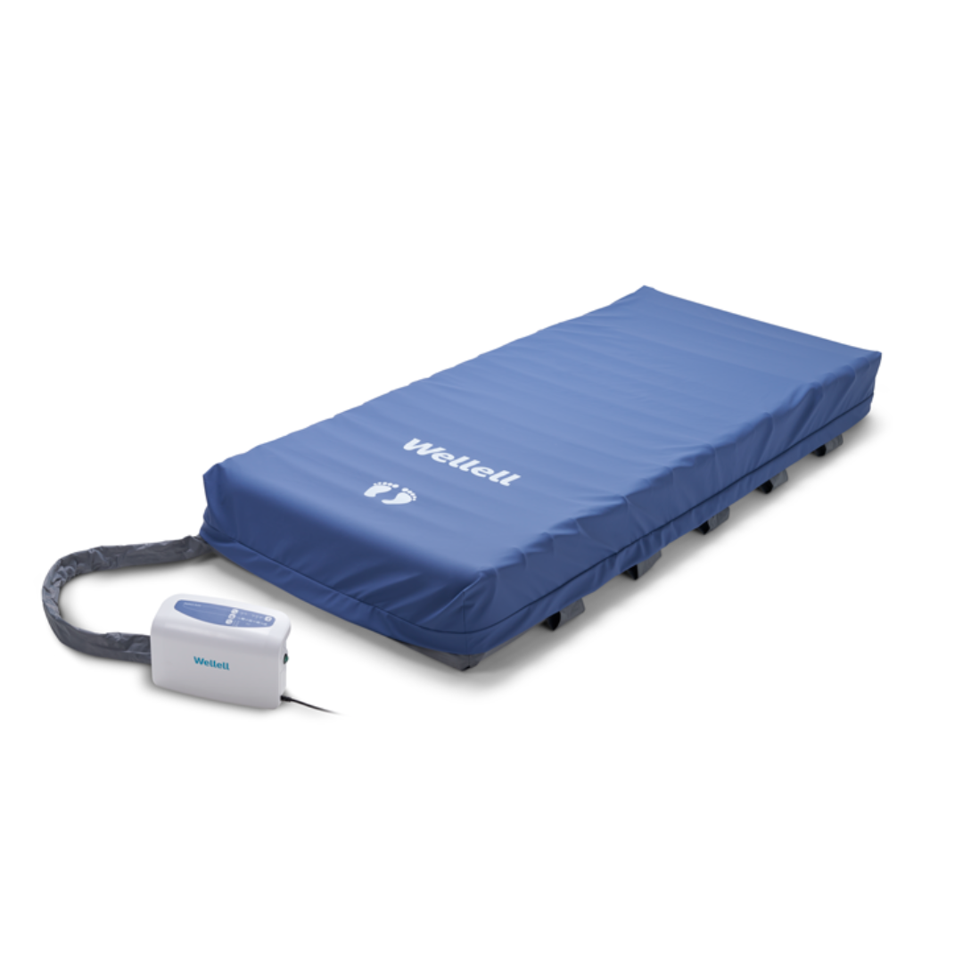 The Wellell Domus Auto G2 Bariatric Alternating Pressure and Low Air Loss System, designed for pressure ulcer prevention, features a blue mattress with a foot symbol and a white electronic pump, shown on a white background for effective pressure relief.