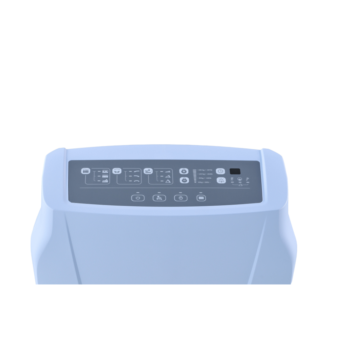 Close-up of the Wellell Optima Turn Automated Lateral Rotational Pressure Relief System's control panel, showing multiple buttons and icons for pressure injury prevention on its dark gray display.