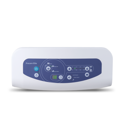 A close-up of the Wellell Procare Elite Alternating Pressure Mattress with Micro Low Air Loss control panel, labeled Procare Elite, showing buttons, LED indicators, and a digital display on a blue background.