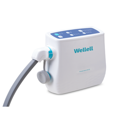 A white Wellell Procare Auto G3 hospital air mattress system featuring a blue control panel on top and a large flexible gray hose attached to the side.
