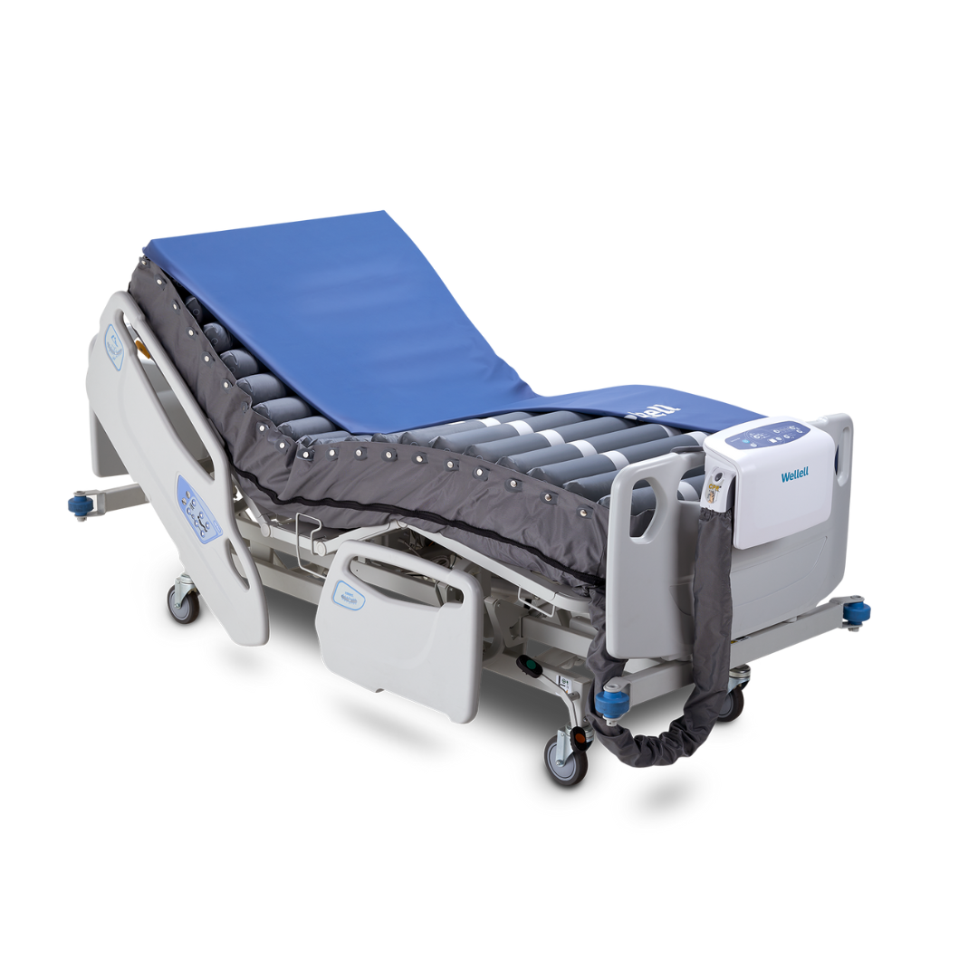 The Wellell Serene Air Alternating Pressure Mattress with True Low Air Loss is designed for post-acute care, offering adjustable comfort with side rails, control panels, wheels, and advanced pressure injury prevention features.
