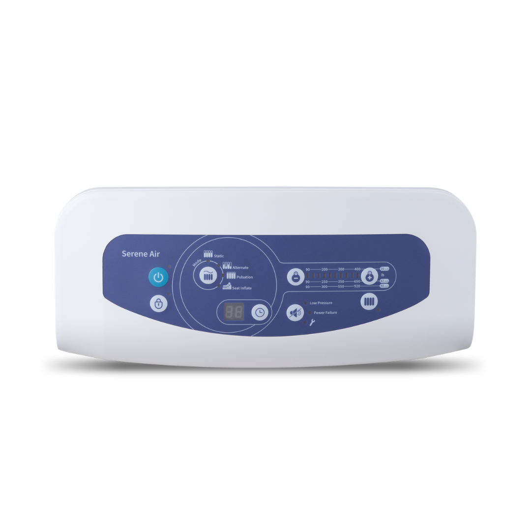 The Wellell Serene Air Alternating Pressure Mattress with True Low Air Loss features a white electronic control panel with digital display, indicator lights, power and function buttons—ideal for post-acute care and moisture management.