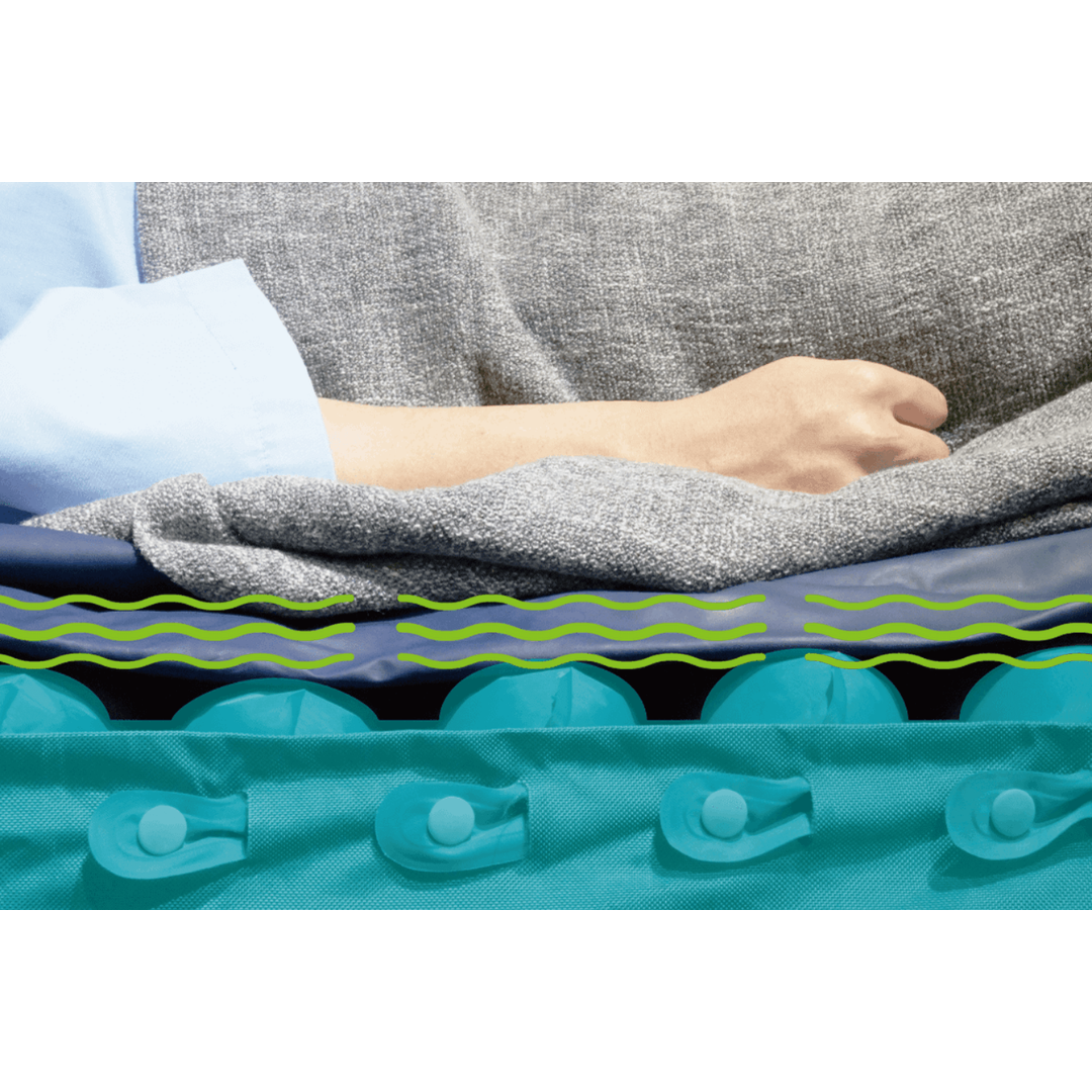 A person rests under a gray blanket on the Wellell Serene Air Alternating Pressure Mattress with True Low Air Loss, featuring a blue, textured surface with circular patterns and green wavy lines for enhanced pressure injury prevention and moisture control.
