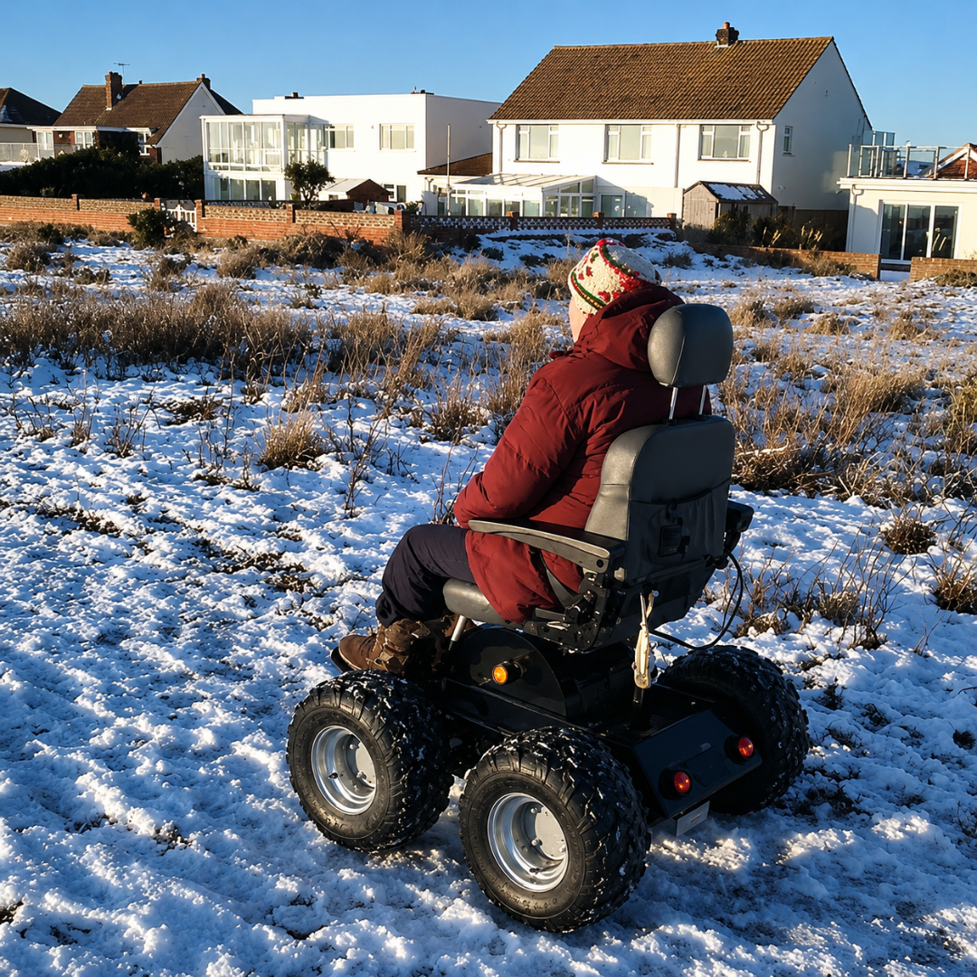 A person in a red coat and patterned hat sits in a Wheelchair88 All-Terrain Stair Climbing 4x4 Recreational Electric Vehicle on snowy ground, facing away, with houses and a clear blue sky in the background.