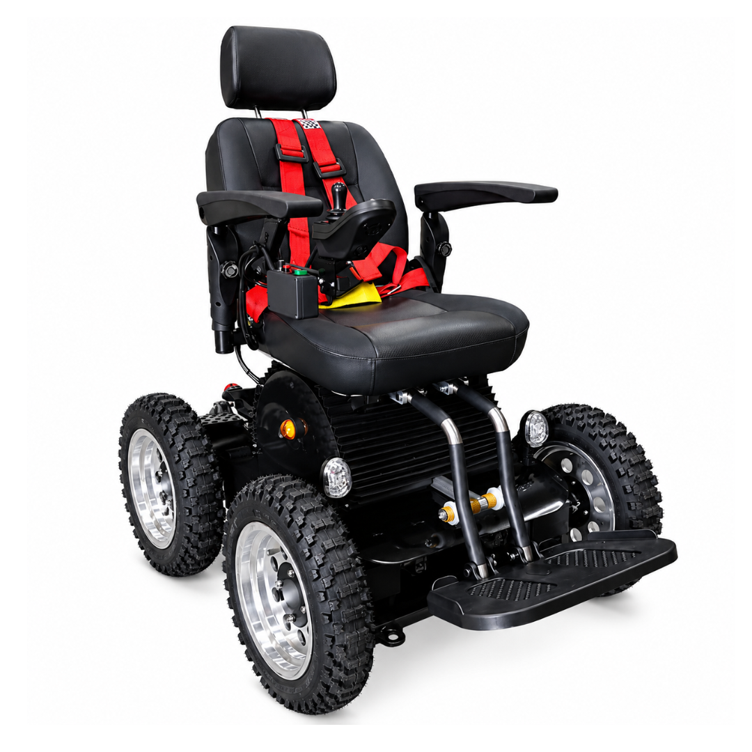 The Wheelchair88 All-Terrain Stair Climbing 4x4 Recreational Electric Vehicle features large rugged tires, a padded seat, headrest, red safety harness, armrests, and a right-side joystick for maximum stability on any terrain.
