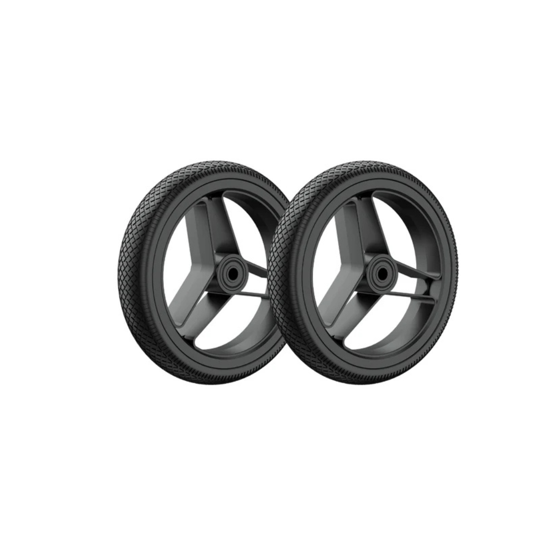 Two black, three-spoke rubber Wheels For Rolloy Walkers & Rollators with textured treads, displayed side by side on a white background—perfect as replacement or set additions for your walker or rollator.