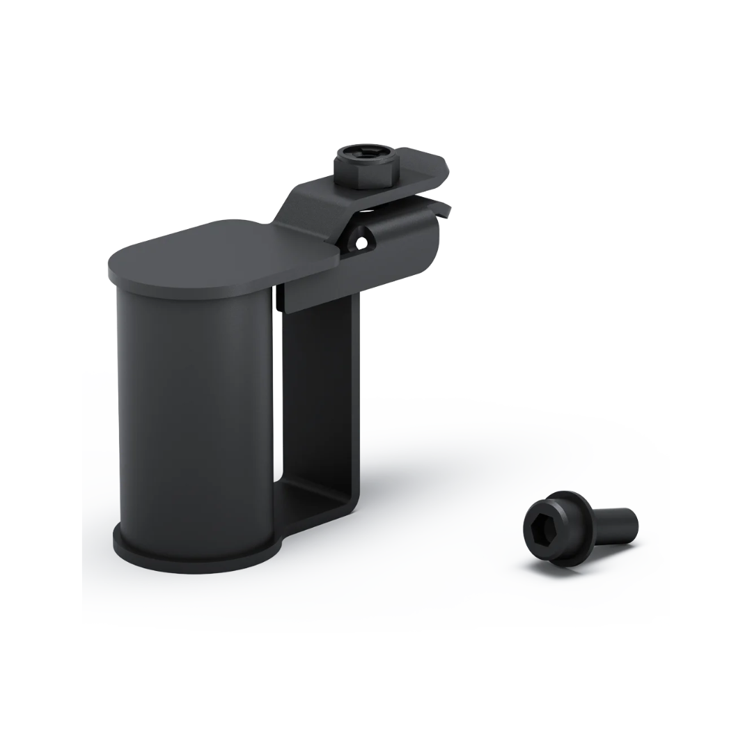 The Accessory Mount Bracket for WHILL Model R Scooters features a matte black metal design with a cylindrical base, hinged top, and comes with a separate hex screw—perfect for mounting accessories on your scooter.