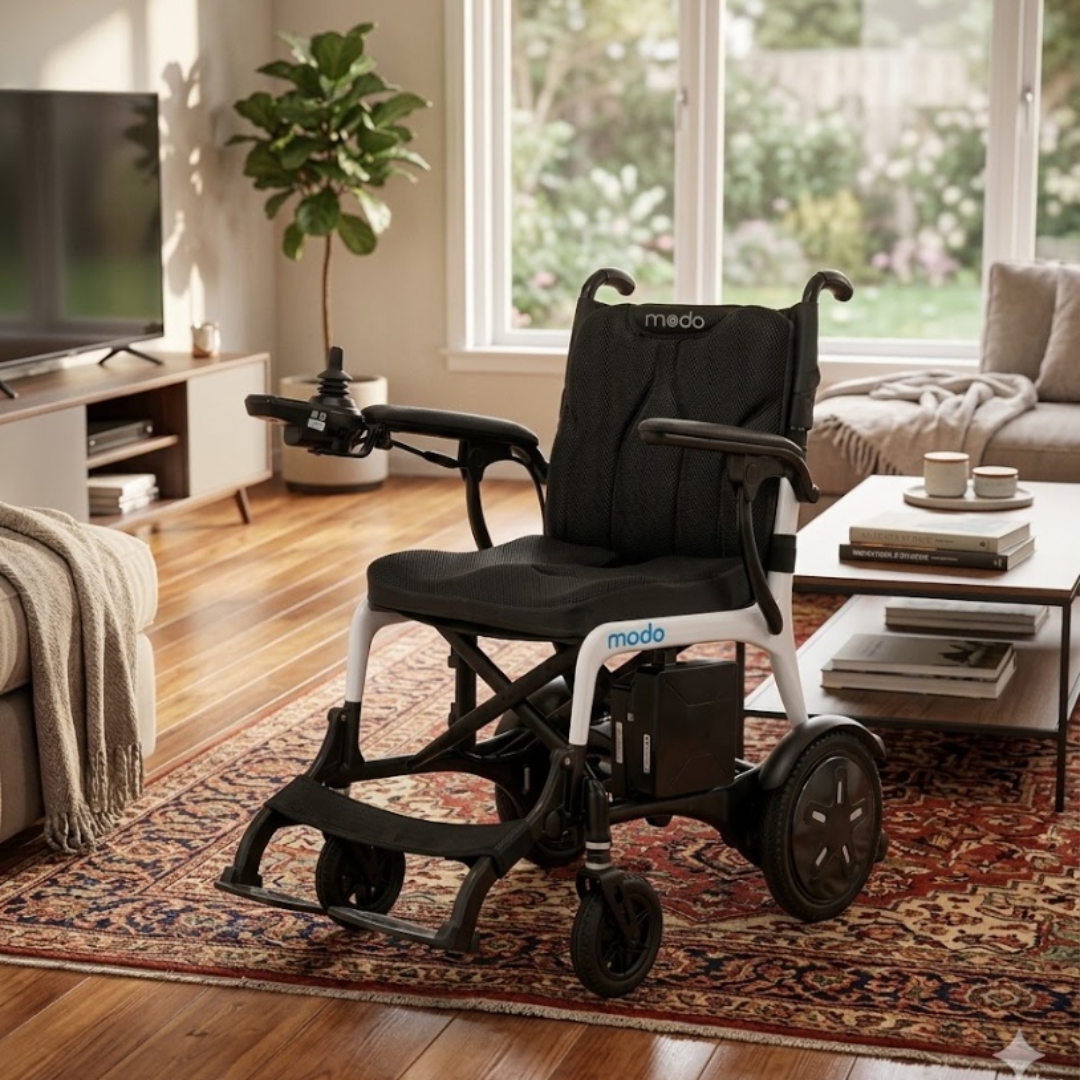 A Whill MODO Breeze Ultra-Lightweight CF Folding Electric Wheelchair is placed in a cozy living room with wooden floors, a patterned rug, a coffee table, and large windows that fill the space with natural light.