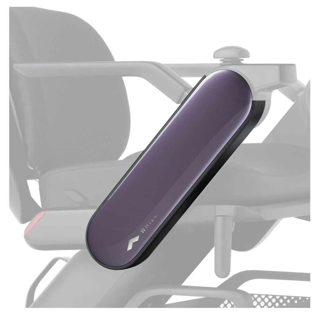 Close-up of sleek, dark-purple Arm Covers for WHILL Model C2 Power Chairs, highlighting their modern ergonomic design and interchangeable options for enhanced customization against a blurred background.