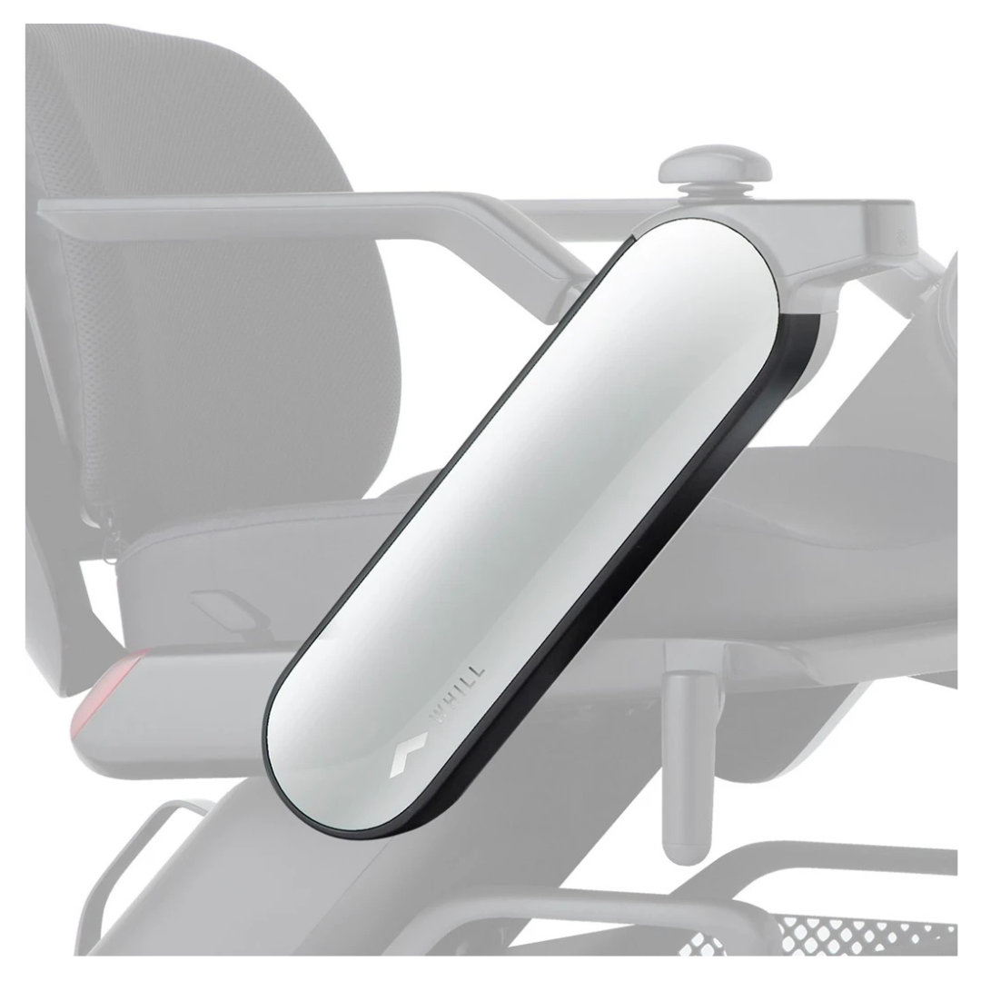 Close-up of Arm Covers For Whill Model C2 Power Chairs, featuring interchangeable arm covers with a reflective finish on a black cushioned seat. The background and wheelchair are blurred to highlight these premium accessories.