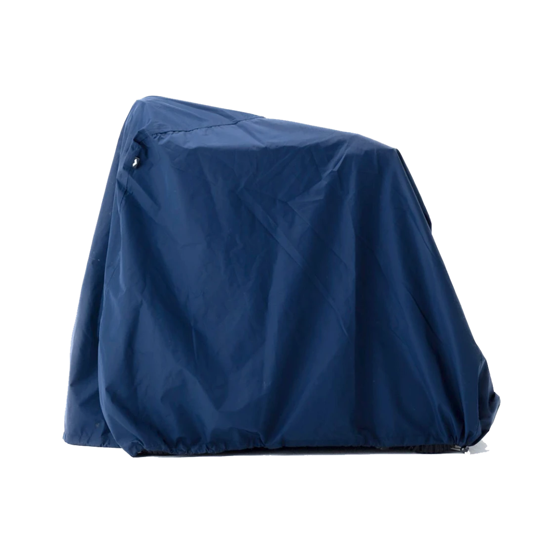 A Waterproof Cover For Whill Model C2 Power Chairs in blue draped over a grill, completely hiding its shape and details, set against a plain white background.