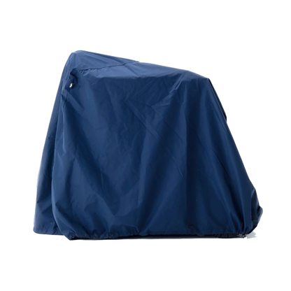 A Waterproof Cover For Whill Model C2 Power Chairs in blue draped over a grill, completely hiding its shape and details, set against a plain white background.