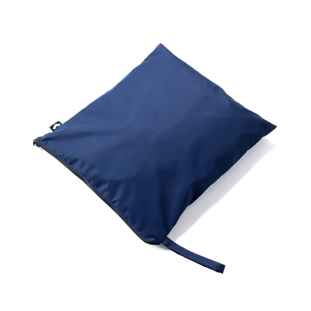 A navy blue, rectangular zippered pouch with a small loop handle, designed to store the Waterproof Cover for WHILL Model C2 Power Chairs, lies flat on a white background.