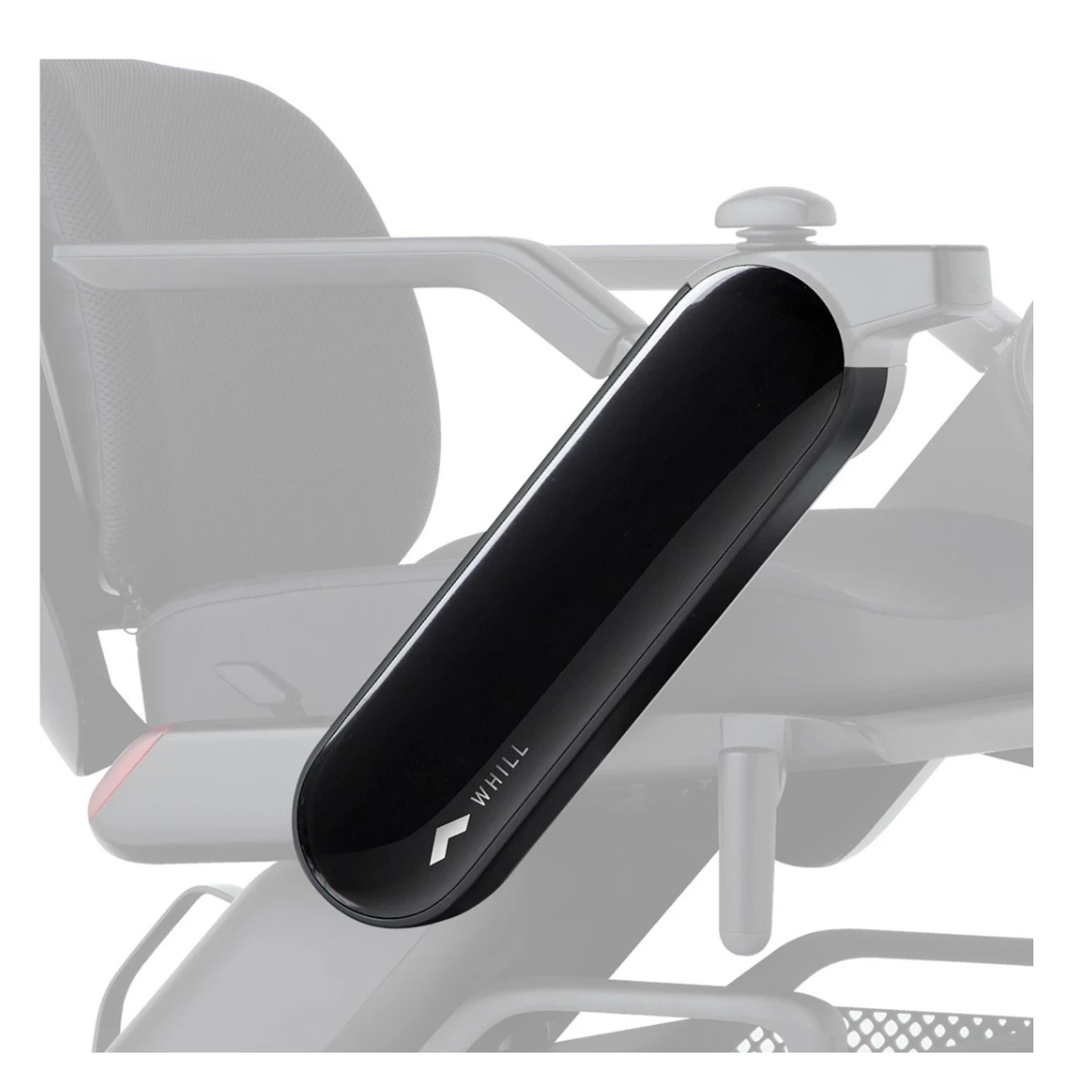 A close-up of black Arm Covers For Whill Model C2 Power Chairs attached to a modern electric wheelchair, shown against a white background, with the rest of the chair faded to highlight these premium accessories.