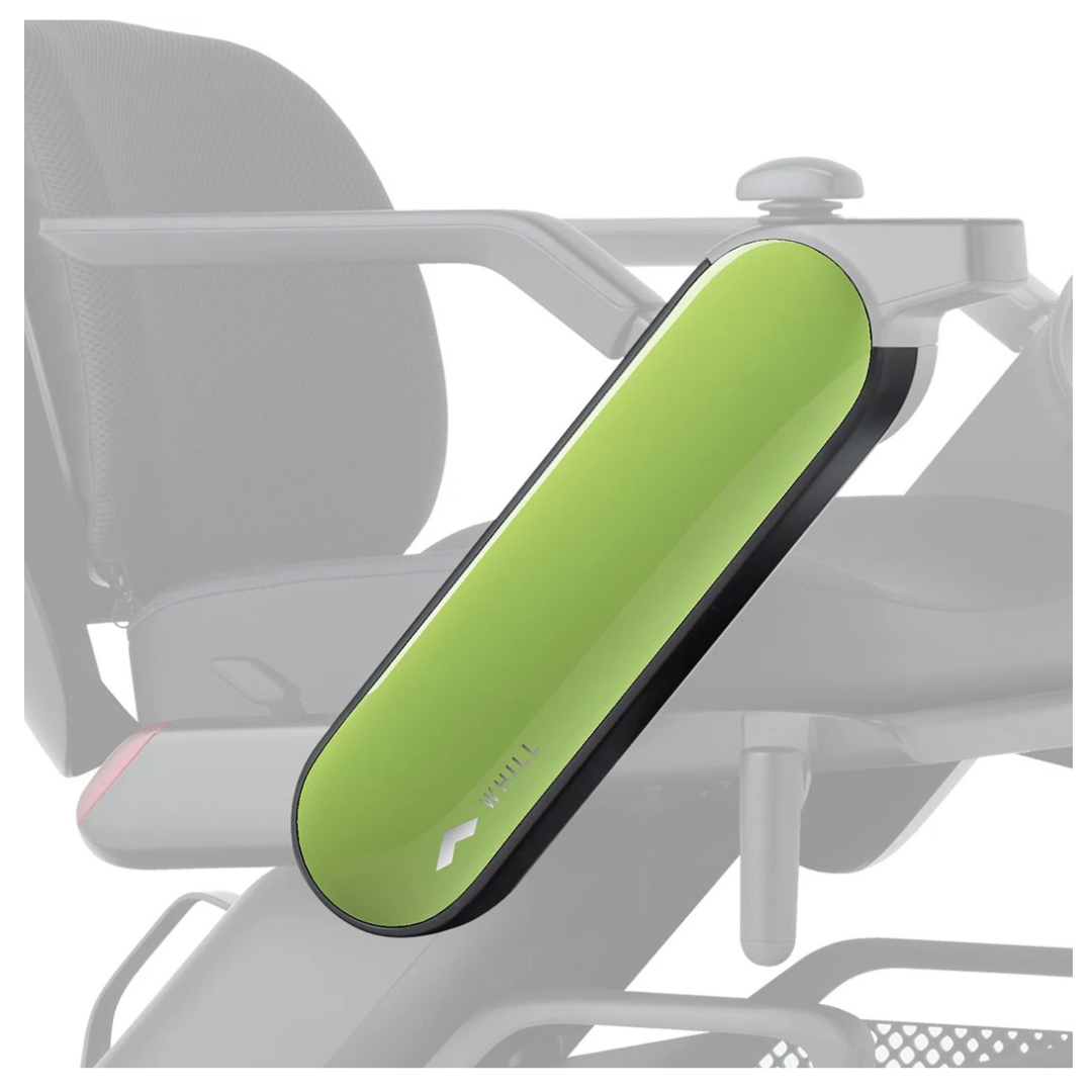 Close-up of lime green Arm Covers for Whill Model C2 Power Chairs on a gray chair, showcasing interchangeable covers and sleek design—ideal for customizing your power chair.