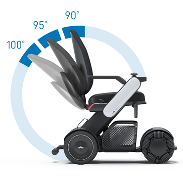 Side view of the Whill Model C2 High Back Smart Power Chair with RC App Control, featuring a seat adjustable between 90° and 100°, large wheels, compact design, and a light blue arc showing ergonomic reclining angles.