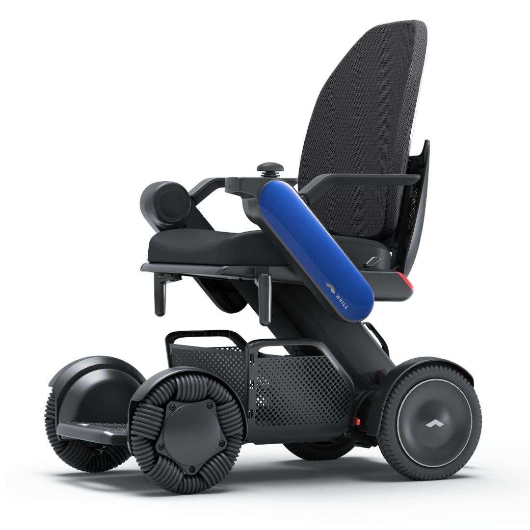 The Whill Model C2 High Back Smart Power Chair features app control, a mesh backrest, padded seat, blue armrests, and large wheels on a sleek black frame—designed for advanced comfort and mobility.