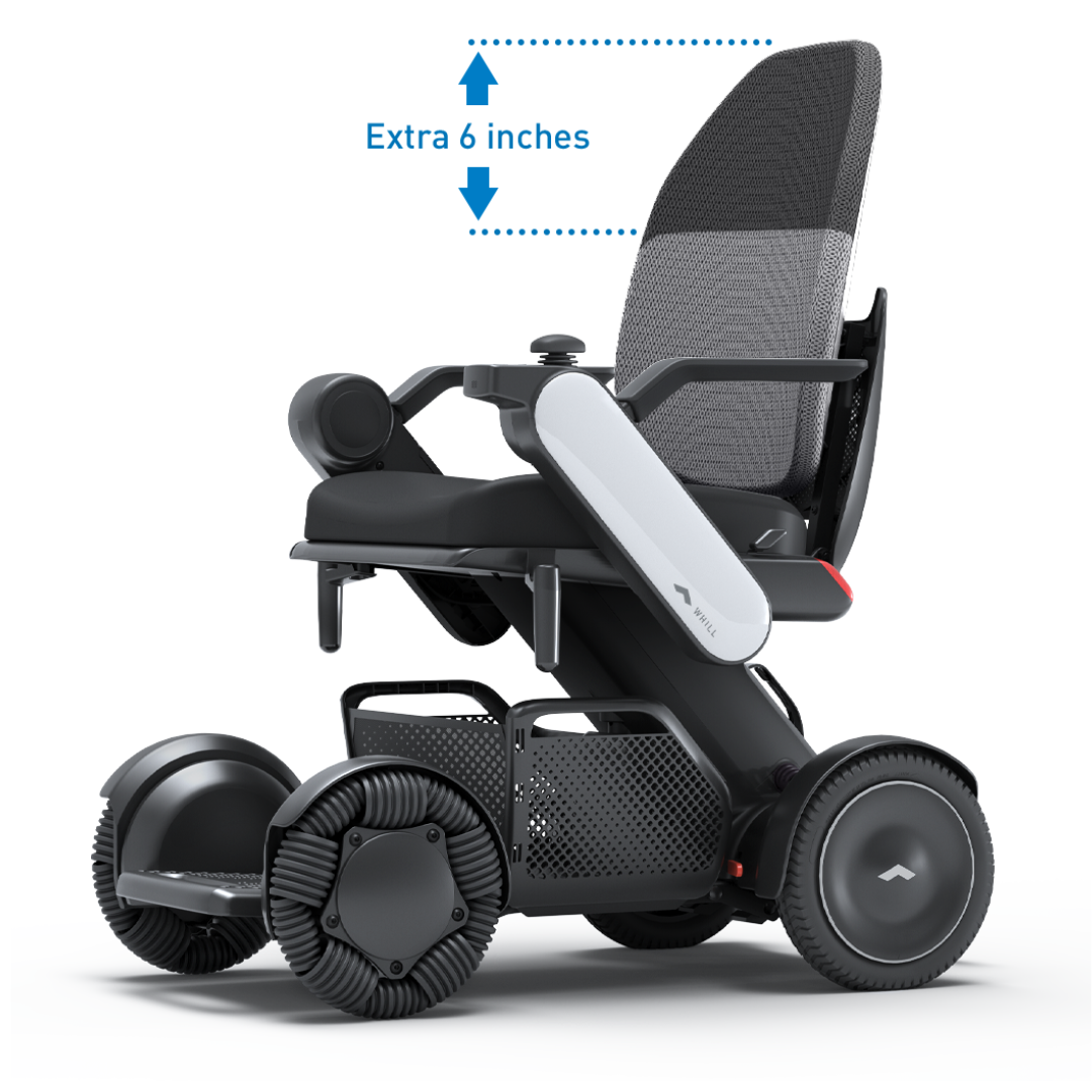 The Whill Model C2 High Back Smart Power Chair with RC App Control features a breathable mesh seat, armrests, and an adjustable seat height with an extra 6 inches for personalized comfort.