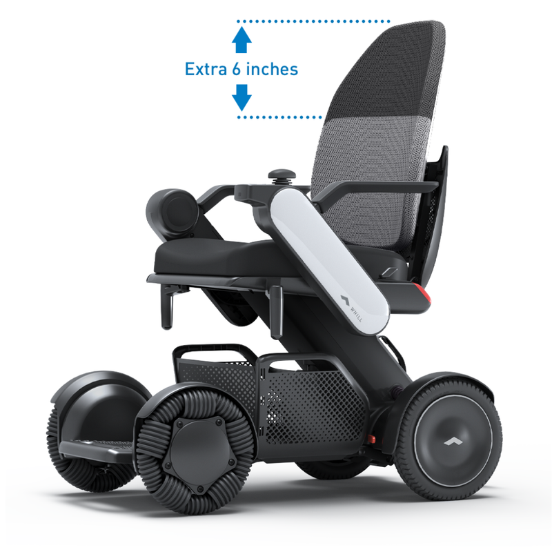 The Whill Model C2 High Back Smart Power Chair with RC App Control features a breathable mesh seat, armrests, and an adjustable seat height with an extra 6 inches for personalized comfort.