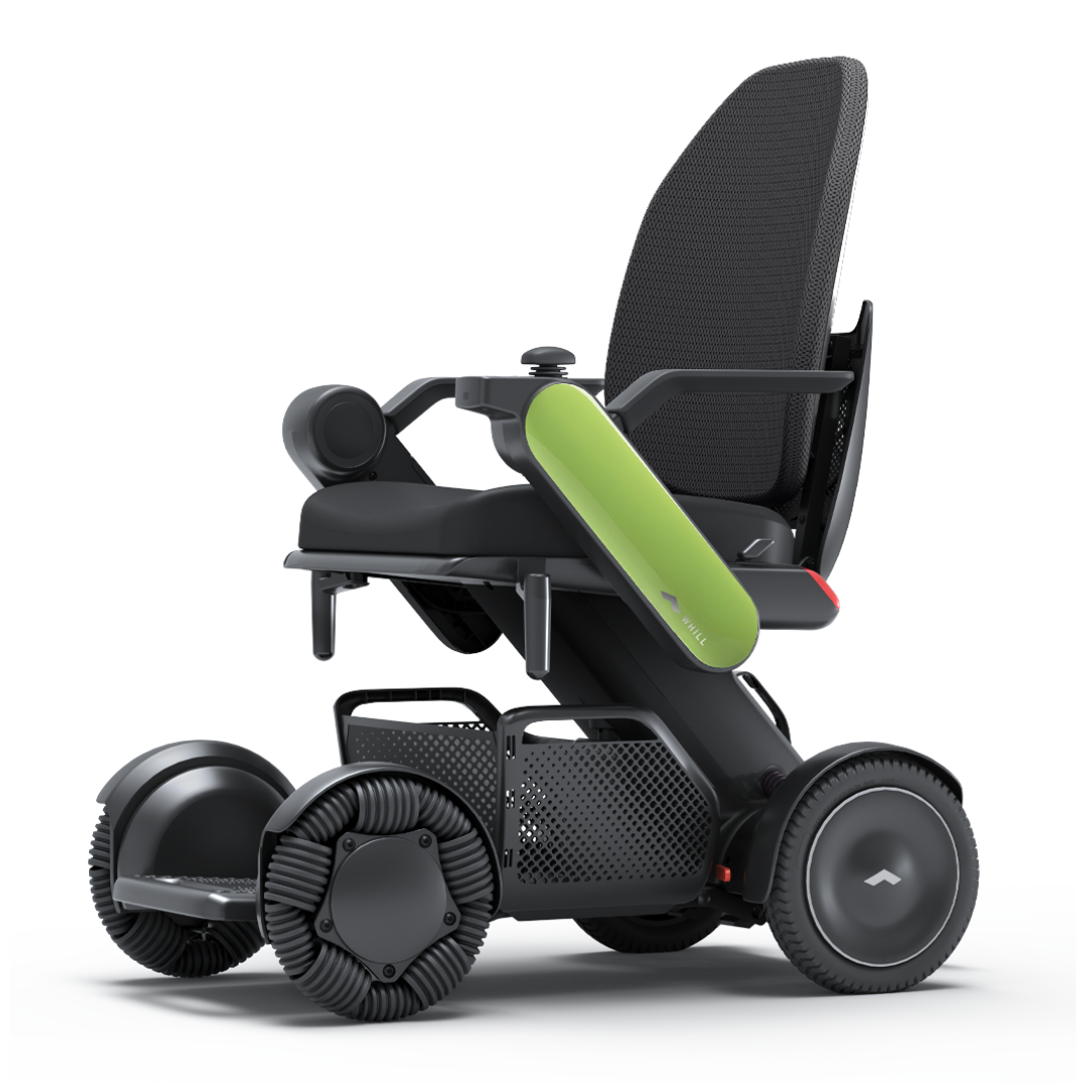The Whill Model C2 High Back Smart Power Chair features a sleek black frame, green accents, mesh backrest, and four large omnidirectional wheels for enhanced mobility and style. Easily controlled via RC app for comfort and effortless navigation anywhere.