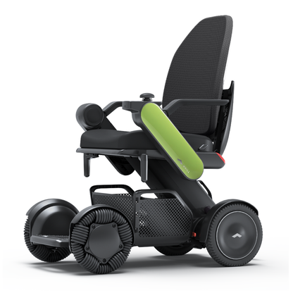 The Whill Model C2 High Back Smart Power Chair features a sleek black frame, green accents, mesh backrest, and four large omnidirectional wheels for enhanced mobility and style. Easily controlled via RC app for comfort and effortless navigation anywhere.