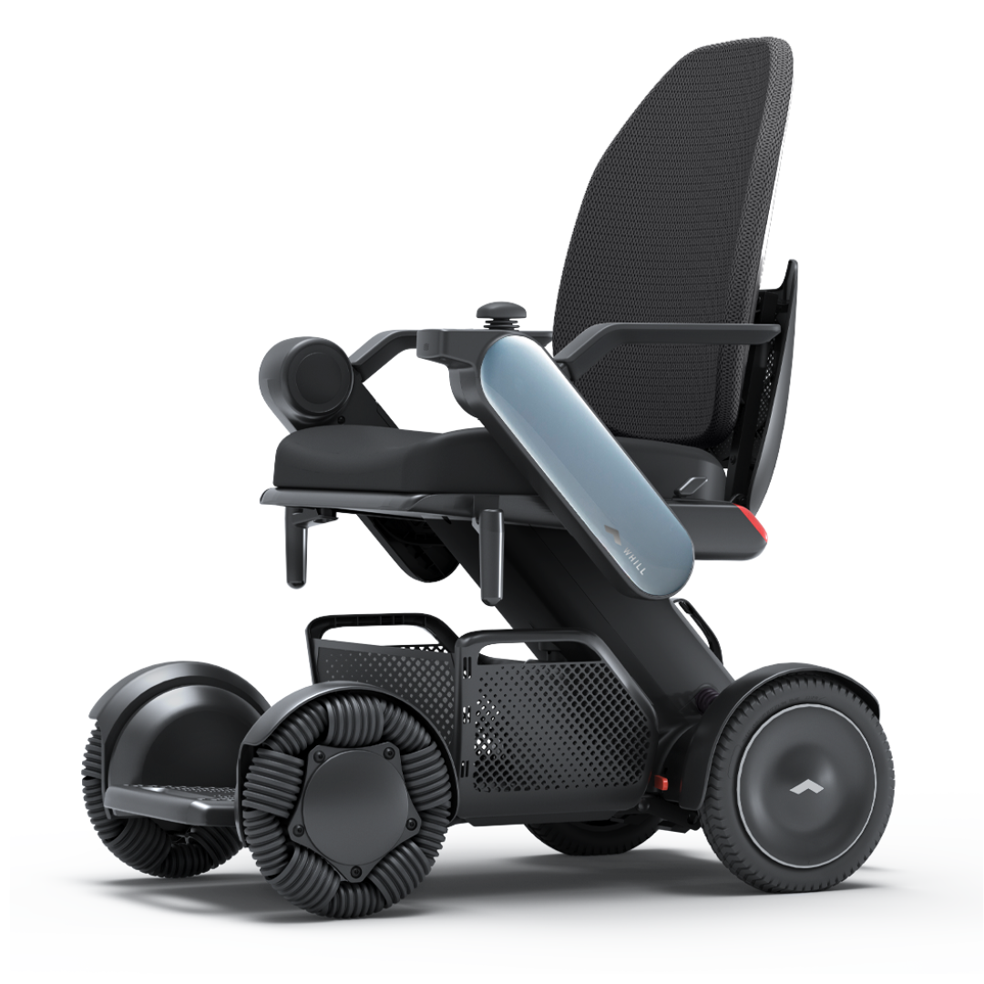 The Whill Model C2 High Back Smart Power Chair features a mesh backrest, armrests, large omnidirectional wheels, and RC app control for advanced mobility and ergonomic comfort.