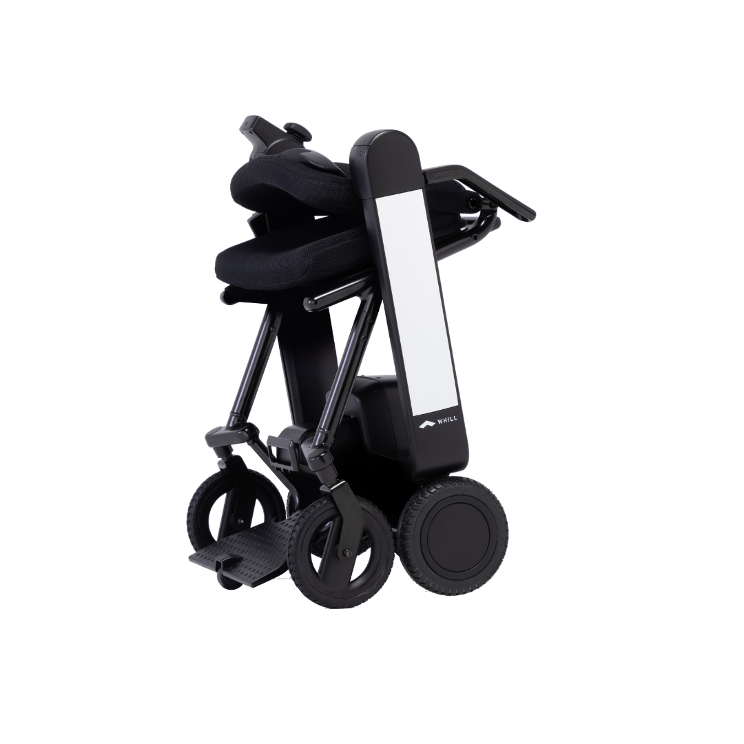 The Whill Model F Lightweight Portable Electric Wheelchair features a modern black design, folds upright for easy storage and transport, and has large wheels. Check specifications and warranty details for added peace of mind.