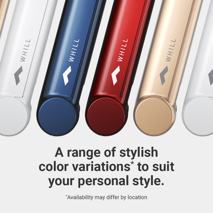 Five vertical cylinders in white, navy blue, red, gold, and silver—each labeled WHILL—are shown above text highlighting color variations for the Whill Model R 3-Wheel Mobility Scooter. No product details appear in your provided text, only CSS code.