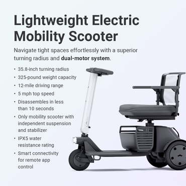 The Whill Model R 3-Wheel Mobility Scooter, shown on a light background, features a modern, lightweight design with seat, armrests, handlebars, dual-motor system, 12-mile range, compact build, and smart app connectivity for easy control.