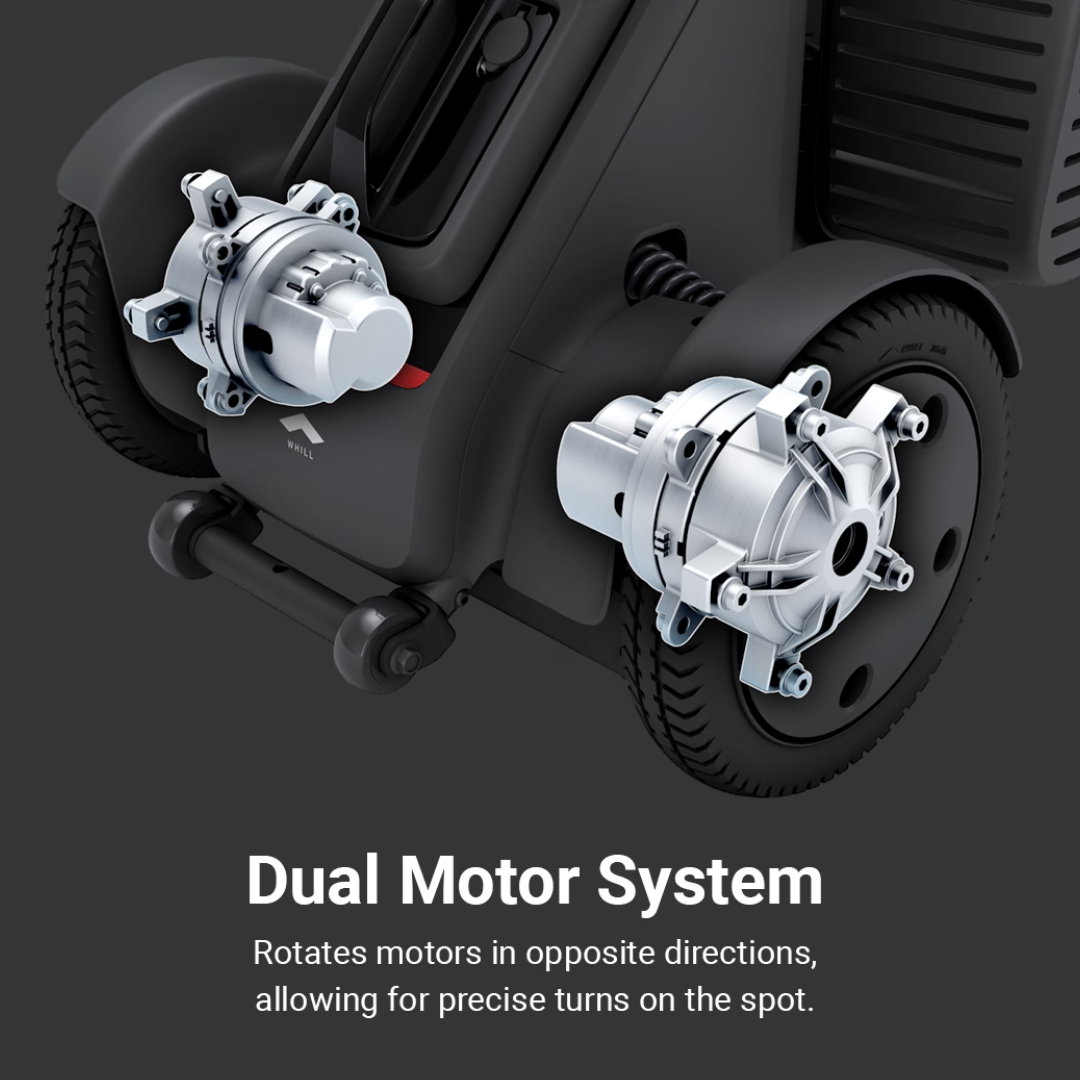 Close-up of Whill Model R 3-Wheel Mobility Scooter’s wheel mechanism showing two motors. Text: “Dual Motor System—Motors rotate in opposite directions for precise on-the-spot turns using advanced control technology.”.