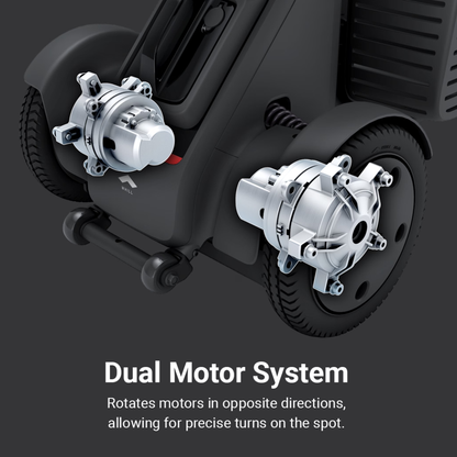 Close-up of Whill Model R 3-Wheel Mobility Scooter’s wheel mechanism showing two motors. Text: “Dual Motor System—Motors rotate in opposite directions for precise on-the-spot turns using advanced control technology.”.