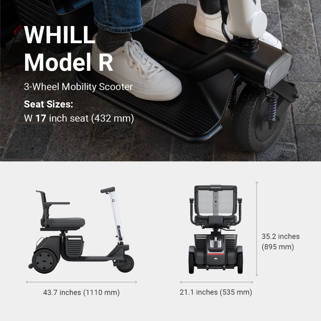 A person sits on a black Whill Model R 3-Wheel Mobility Scooter. Diagrams below show its side and front views, with dimensions: 43.7" long, 21.1" wide, and 35.2" high.