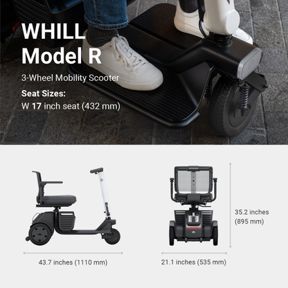 A person sits on a black Whill Model R 3-Wheel Mobility Scooter. Diagrams below show its side and front views, with dimensions: 43.7" long, 21.1" wide, and 35.2" high.