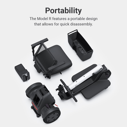 Five black components of the Whill Model R 3-Wheel Mobility Scooter are neatly arranged on a light background, showcasing its portable design and easy disassembly for convenient transport and storage.