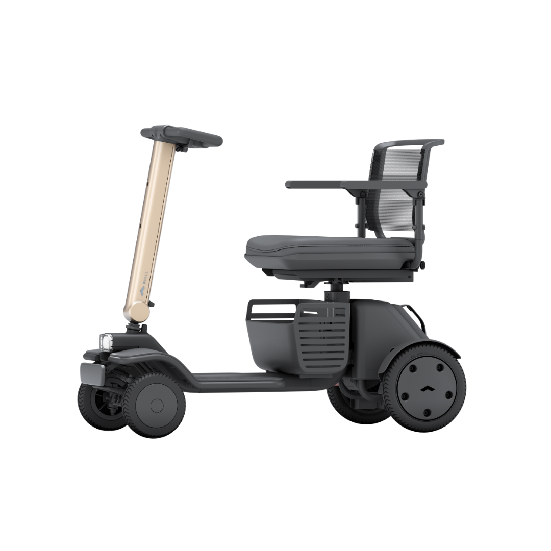 The Whill Model R 4 Wheel Portable Scooter, shown in side view on a white background, features a modern black frame, beige tiller, mesh backrest, armrests, and a basket beneath the seat.