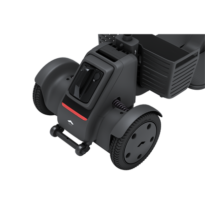 Close-up view of the Whill Model R 4 Wheel Portable Scooter—a compact, black mobility device featuring a central compartment, red accent line, textured tires, and handlebar.