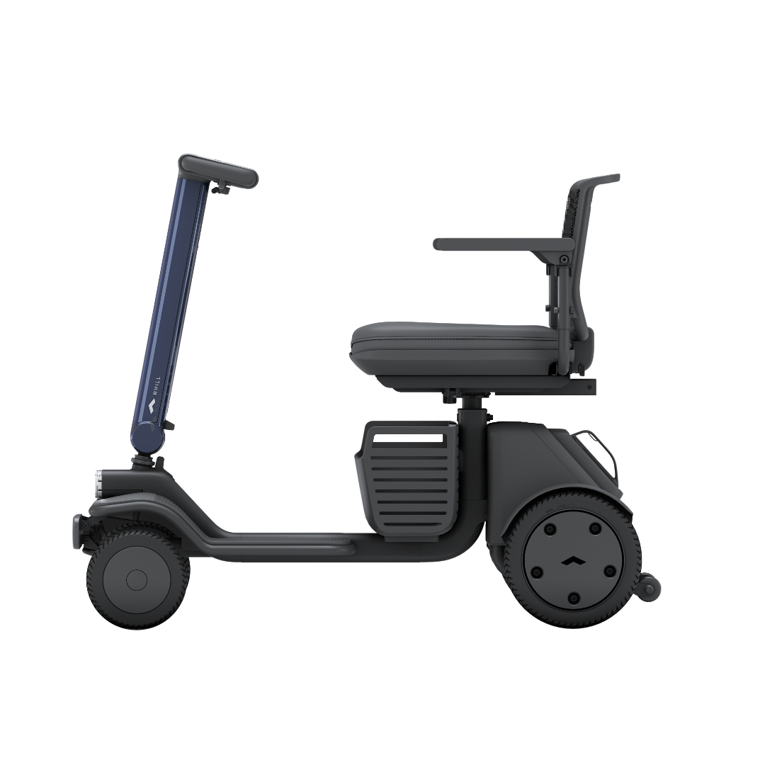Side view of the Whill Model R 4 Wheel Portable Scooter in sleek black, featuring a padded seat, armrests, vertical handlebar, and four wheels for enhanced stability and comfort.