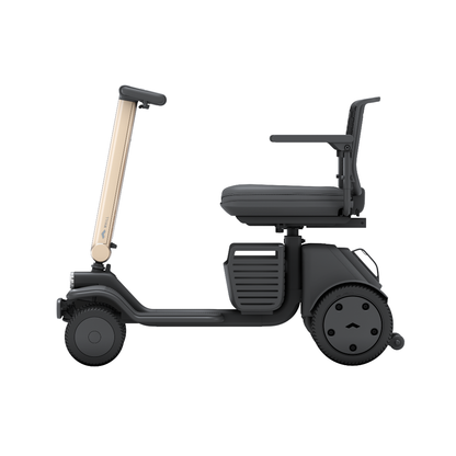 The Whill Model R 4 Wheel Portable Scooter is a modern, compact mobility scooter featuring a black frame, beige handlebar, padded seat, and four wheels for enhanced stability and convenience.