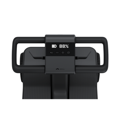 Close-up of the Whill Model R 4 Wheel Portable Scooter's black control panel showing an 88% battery level, with easy-access handlebar grips and various control buttons designed for enhanced user experience.